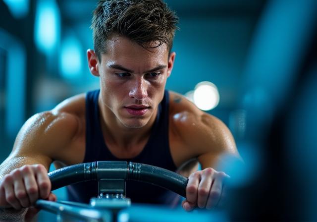 Person performing high-intensity cardio training on a rowing machine