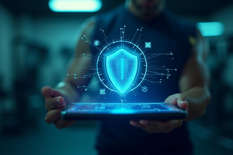 Secure data protection concept with digital shield and fitness elements
